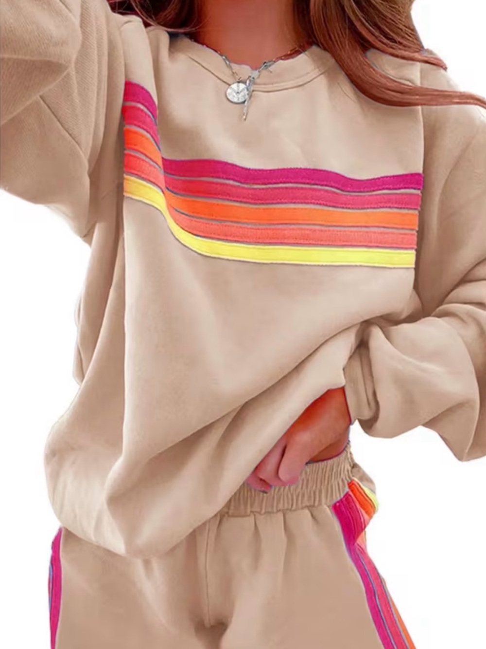 Beige Sweatshirt Set with Neon Stripe Detail XL